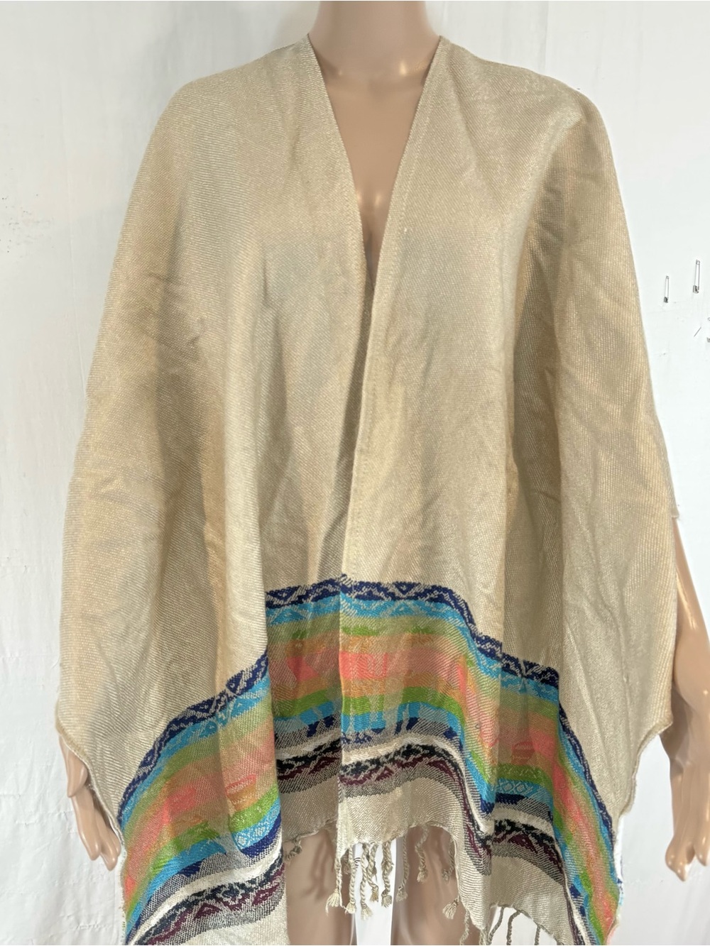 Peruvian Unisex Cream Poncho with Multicolor Stripe Detail